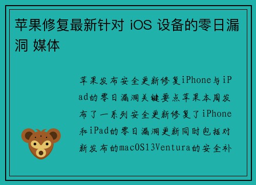 苹果修复最新针对 iOS 设备的零日漏洞 媒体